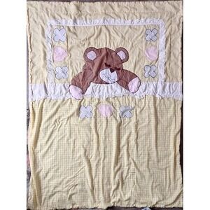 Vintage Teddy Bear sleeping yellow gingham blanket‎
